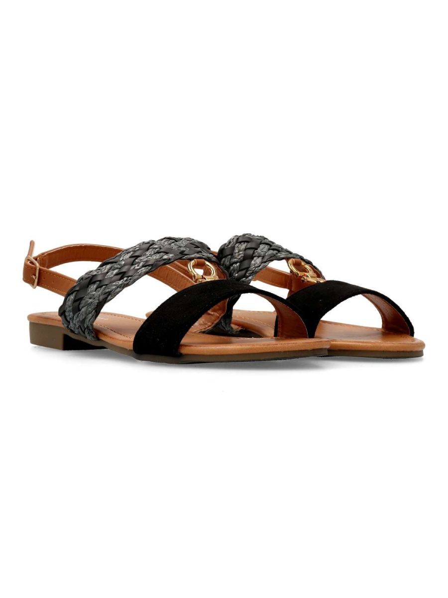 CUSHIONAIRE Varro - Sandalias Planas Trenzadas De Dos Correas Para Mujer 2025 - Sandalias Elegantes Para Mujer Con Espuma Viscoelástica, Negro -, 6,5 Ancho