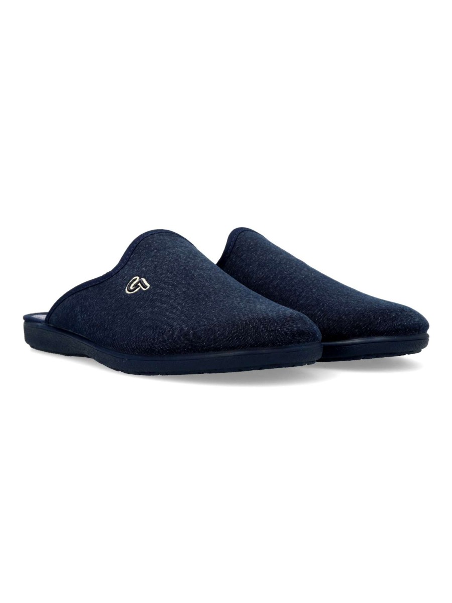 GARZON Scarpe Da Casa Uomo Estate - Pantofola Senza Punta Blu, Taglia 44 EU - Tessuto Fresco, Suola Gomma Naturale Antiscivolo, Prodotto In Spagna